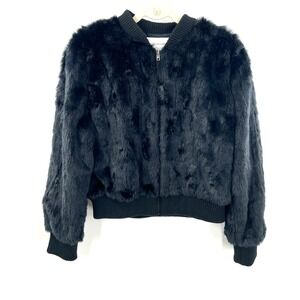 Cupcakes & Cashmere faux fur bomber baseball jacket black chic bohemian glam M